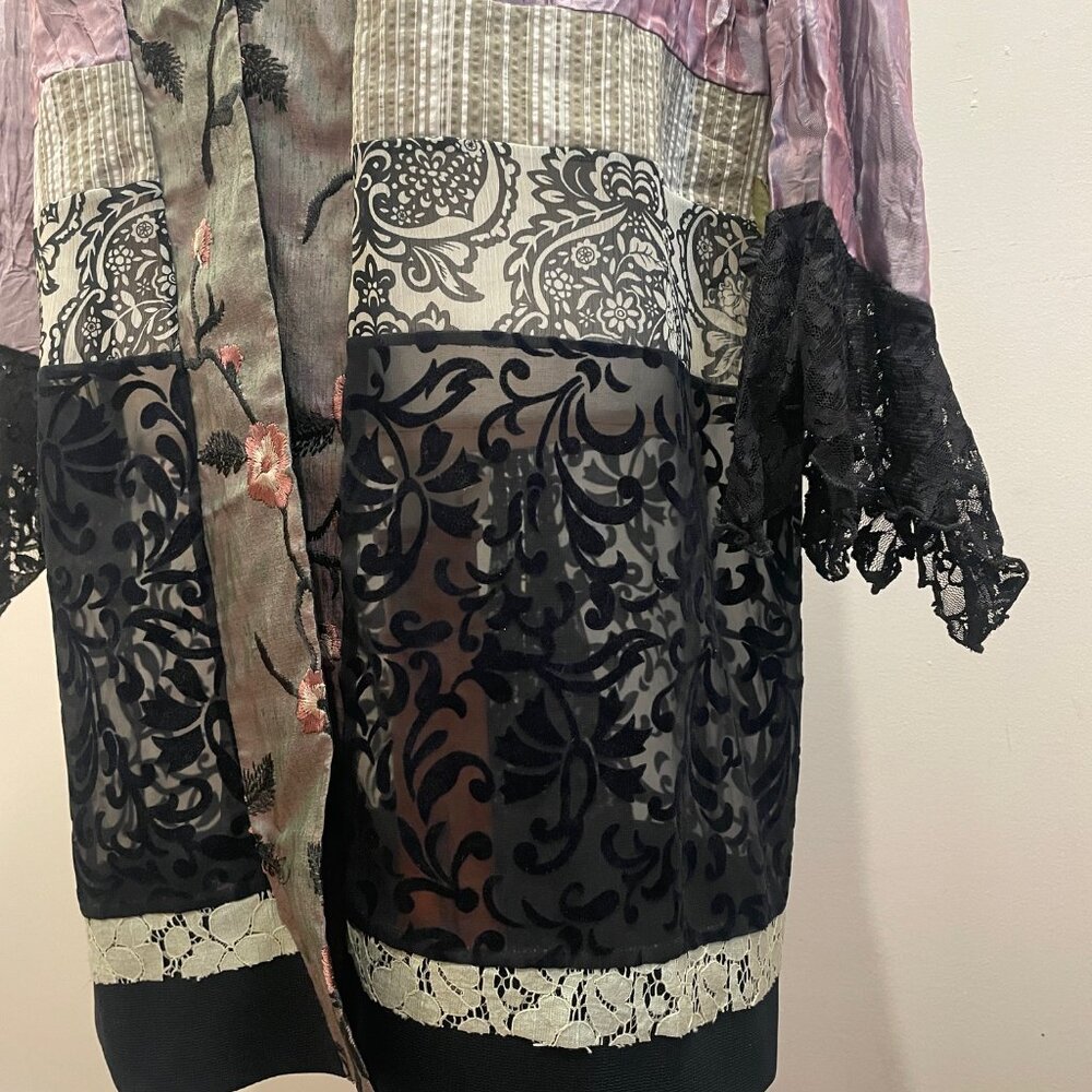 Lee Andersen Art to Wear Mixed Media Velvet Burnout Lace Trim Kimono Style Cardi - Picture 9 of 14